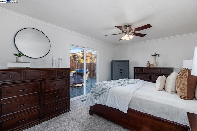 bedroom with ornamental molding, light carpet, access to outside, and ceiling fan