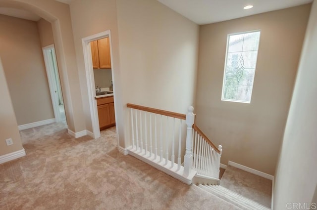 stairway featuring sink and carpet floors