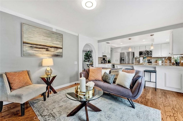 living room with crown molding and light hardwood / wood-style flooring