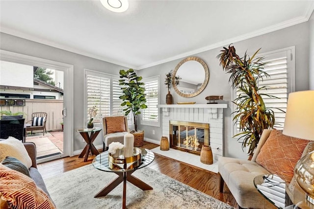 living room with a fireplace, light hardwood / wood-style flooring, and ornamental molding