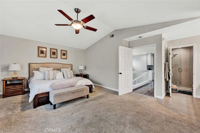 bedroom featuring lofted ceiling, hardwood / wood-style flooring, and ceiling fan