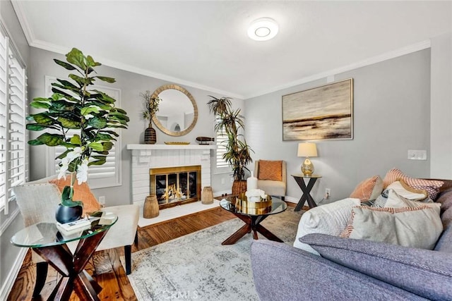 living room with crown molding, hardwood / wood-style flooring, and a wealth of natural light