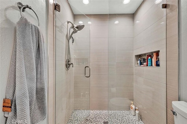 bathroom with toilet and a shower with shower door