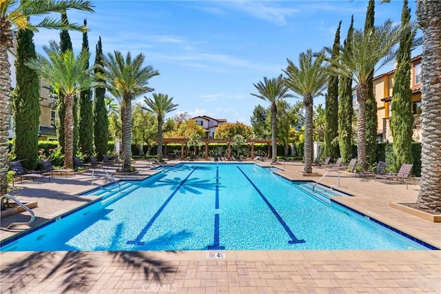 view of swimming pool with a patio area