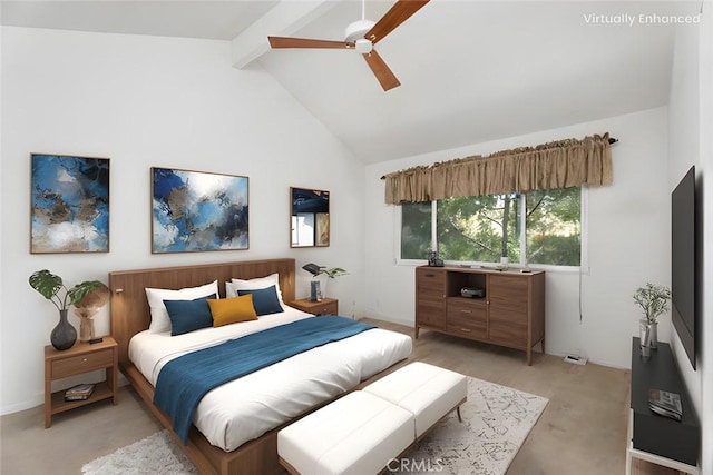 bedroom with ceiling fan, high vaulted ceiling, and beam ceiling