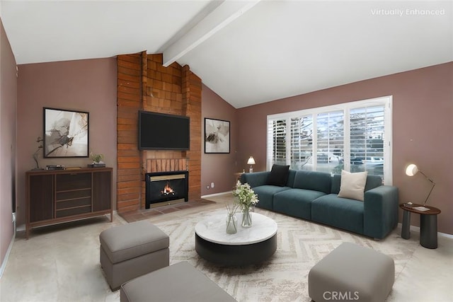 living room featuring lofted ceiling with beams and a brick fireplace