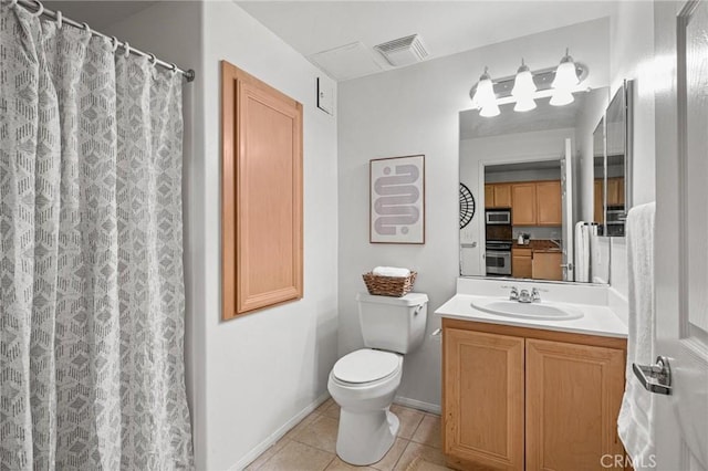 bathroom with walk in shower, tile patterned floors, toilet, and vanity