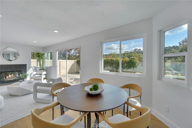 dining space with a wealth of natural light, a fireplace, and light hardwood / wood-style floors