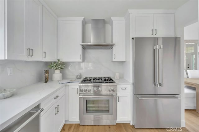 kitchen with white cabinetry, premium appliances, decorative backsplash, and wall chimney range hood