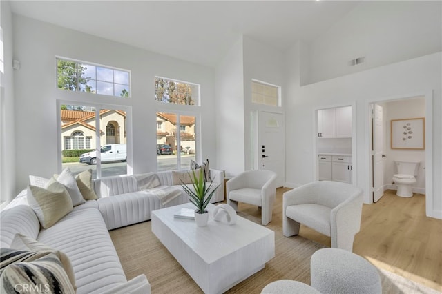 living room with light hardwood / wood-style flooring, plenty of natural light, and high vaulted ceiling