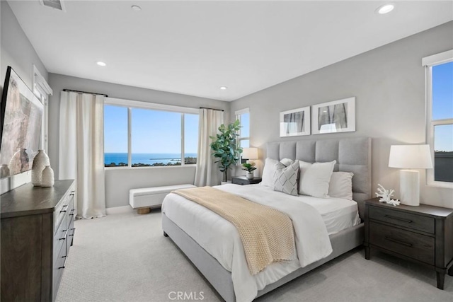 carpeted bedroom featuring a water view