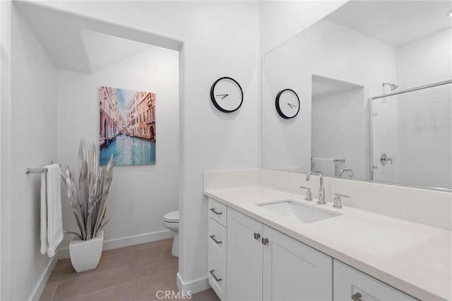 bathroom with tile patterned flooring, vanity, toilet, and walk in shower