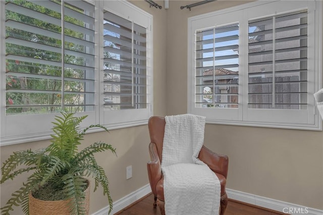 sitting room featuring dark hardwood / wood-style floors and a healthy amount of sunlight