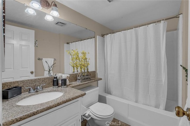 full bathroom with vanity, toilet, and shower / bathtub combination with curtain