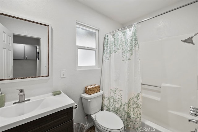 full bathroom with vanity, toilet, and shower / bath combo with shower curtain