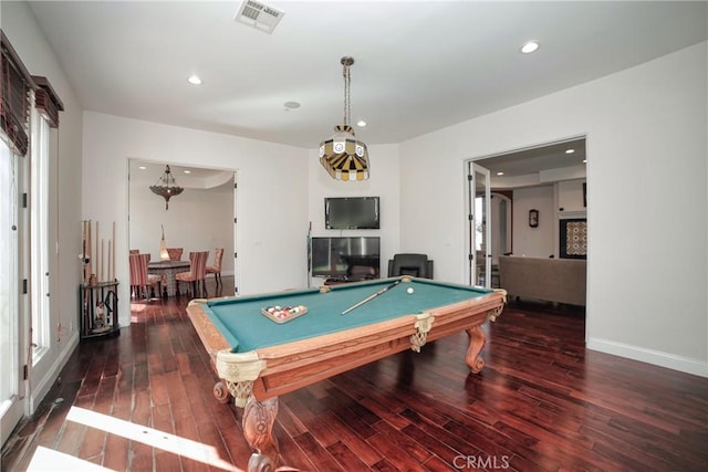 recreation room with dark hardwood / wood-style flooring and pool table