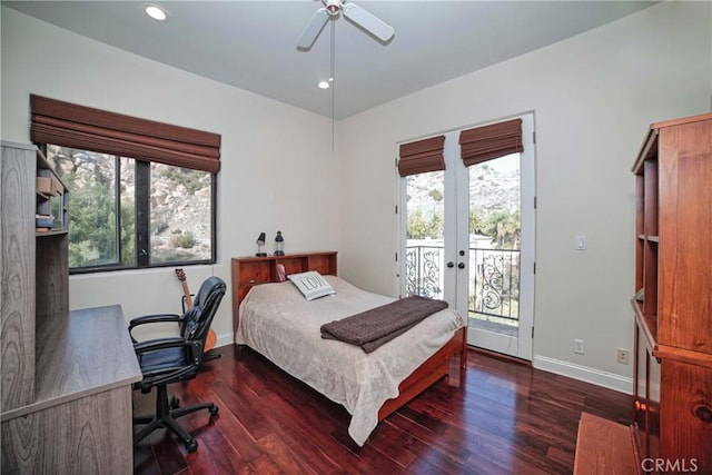 bedroom with dark wood-type flooring, ceiling fan, french doors, and access to outside