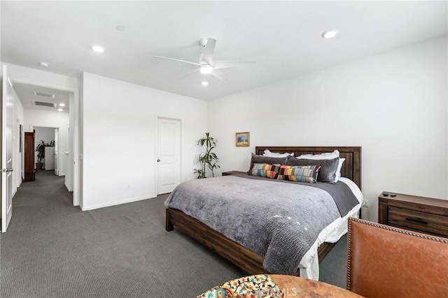 carpeted bedroom with ceiling fan