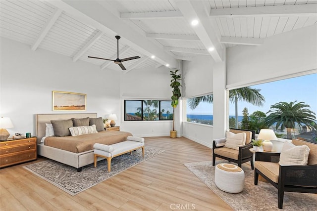 bedroom featuring beamed ceiling, high vaulted ceiling, a ceiling fan, light wood finished floors, and baseboards