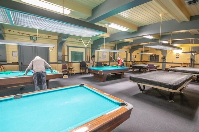 465 Avenida Sevilla Unit C, Laguna Woods, CA 92637 - rec room with billiards, beamed ceiling, and carpet flooring