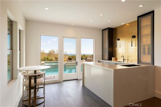 kitchen with tasteful backsplash, sink, and dark hardwood / wood-style floors