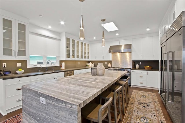 kitchen with a kitchen island, a sink, dark wood-type flooring, under cabinet range hood, and premium appliances