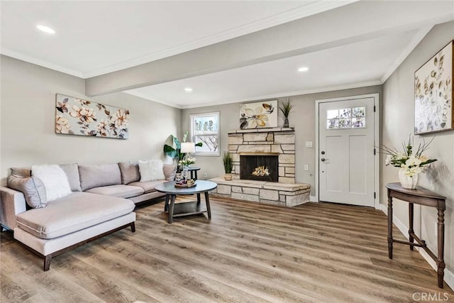 living room with hardwood / wood-style flooring, a stone fireplace, and crown molding