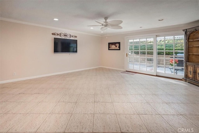 unfurnished room with ornamental molding and ceiling fan