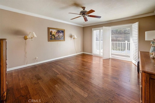 unfurnished living room with ornamental molding, dark wood-type flooring, and ceiling fan