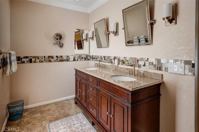 bathroom with vanity, tile patterned flooring, crown molding, and tile walls