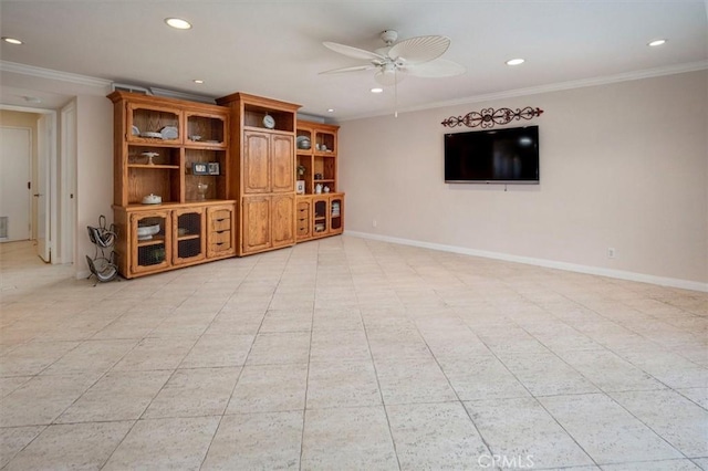 unfurnished living room featuring light tile patterned floors, ornamental molding, and ceiling fan