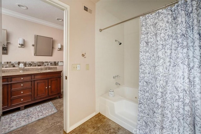 bathroom with shower / bathtub combination with curtain, crown molding, vanity, a textured ceiling, and tile patterned floors