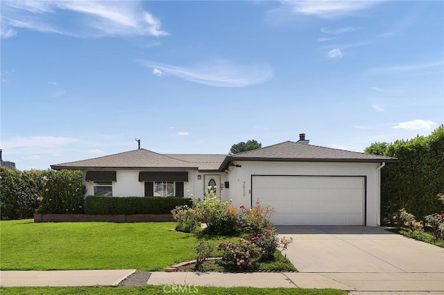 ranch-style house with a garage and a front lawn