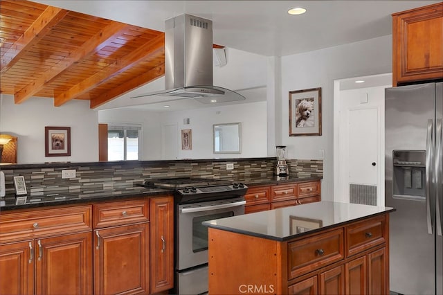 kitchen with appliances with stainless steel finishes, beam ceiling, island range hood, decorative backsplash, and wooden ceiling