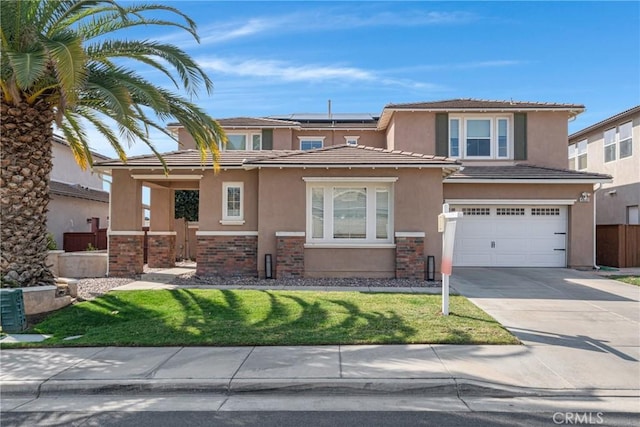 45293 Miramonte St, Temecula, CA 92592 - prairie-style home featuring driveway, a garage, fence, roof mounted solar panels, and stucco siding