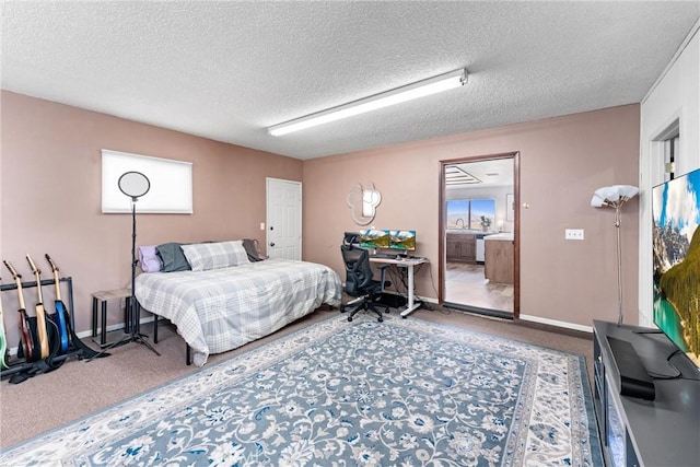 carpeted bedroom with a textured ceiling