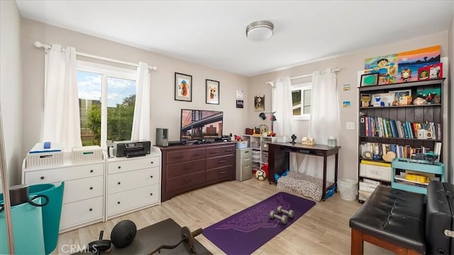 workout area with light hardwood / wood-style flooring