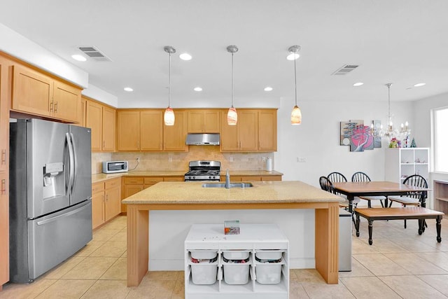 kitchen featuring appliances with stainless steel finishes, pendant lighting, sink, backsplash, and a center island with sink