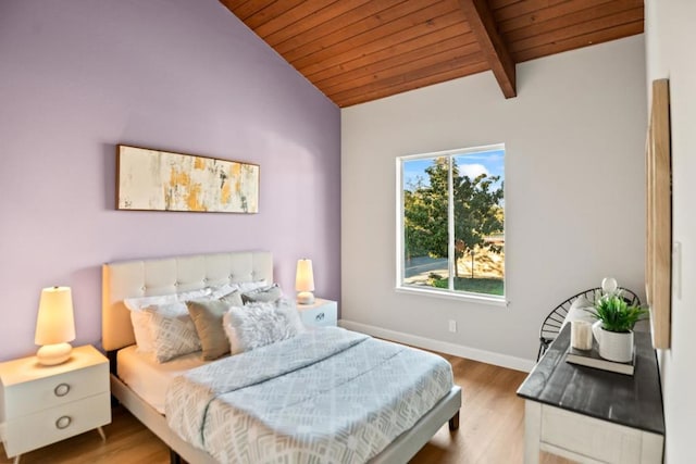 bedroom with lofted ceiling with beams, hardwood / wood-style flooring, and wood ceiling