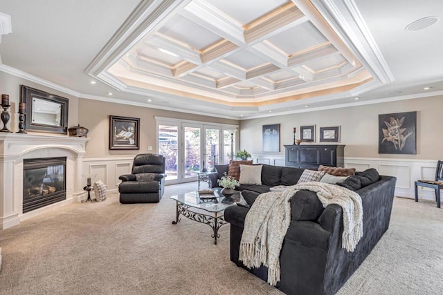 living room with coffered ceiling, light carpet, ornamental molding, and french doors