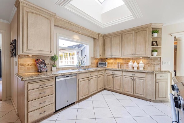 kitchen featuring sink, crown molding, backsplash, light brown cabinetry, and stainless steel dishwasher