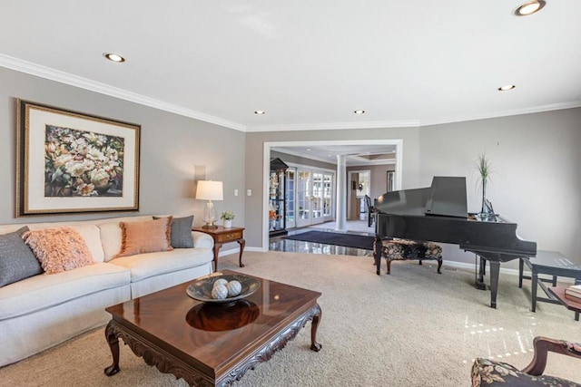 carpeted living room with crown molding and french doors