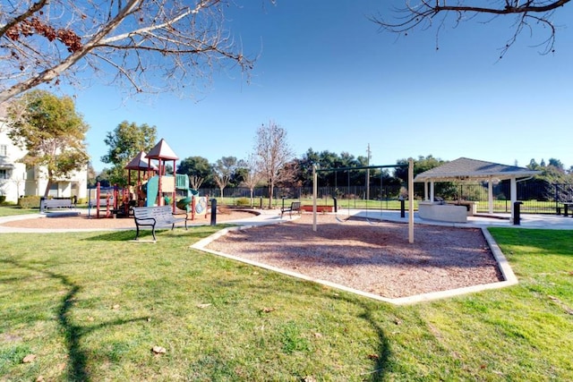 view of jungle gym featuring a gazebo and a yard