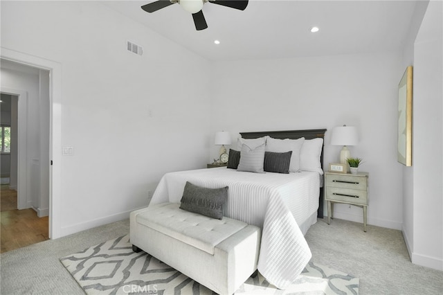 carpeted bedroom with ceiling fan