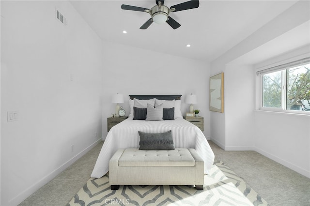 carpeted bedroom with ceiling fan