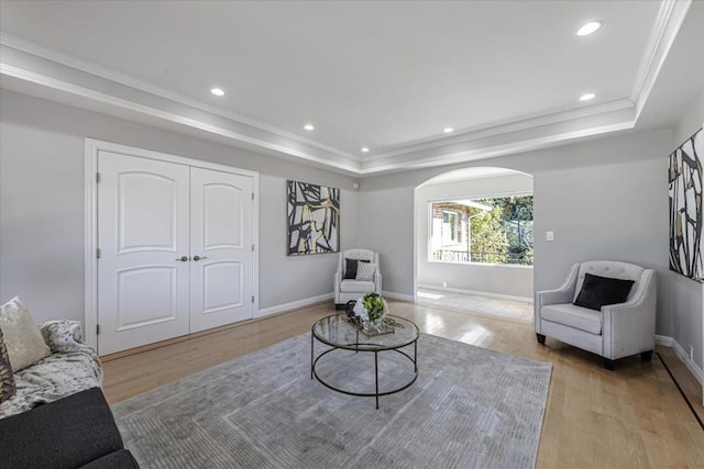 living area featuring a raised ceiling, crown molding, and light wood-type flooring