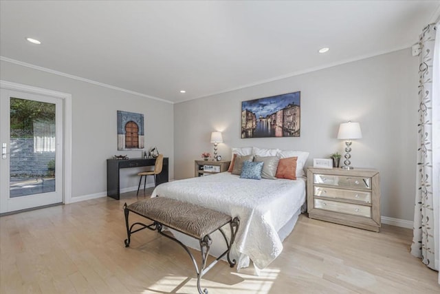 bedroom with access to exterior, ornamental molding, and light wood-type flooring