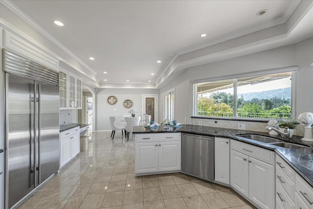 kitchen with stainless steel appliances, sink, white cabinets, and a tray ceiling