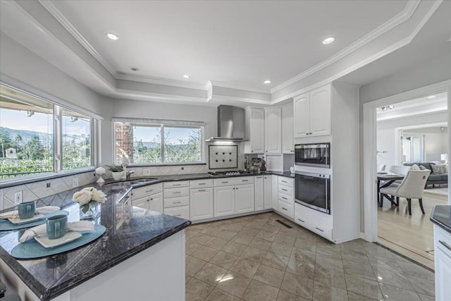 kitchen with white cabinetry, wall chimney range hood, a tray ceiling, and appliances with stainless steel finishes