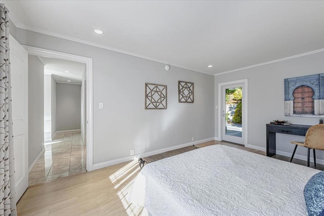 bedroom with access to exterior, ornamental molding, and light hardwood / wood-style floors